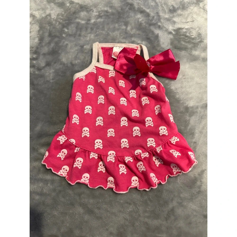 Glamour To The Bone Pet Dress Female XS Pink Skull Print Ruffle Bow Rhinestone